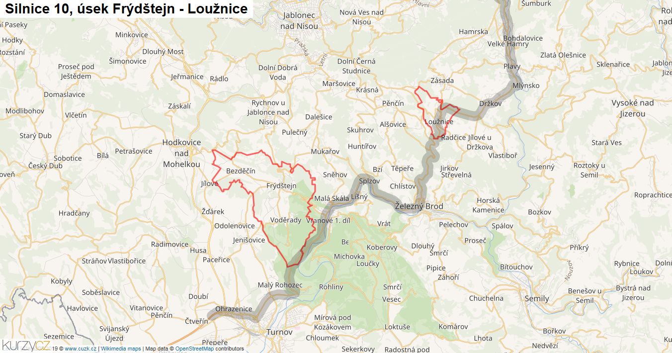 Úsek Frýdštejn - Loužnice, Silnice 10 - Mapa