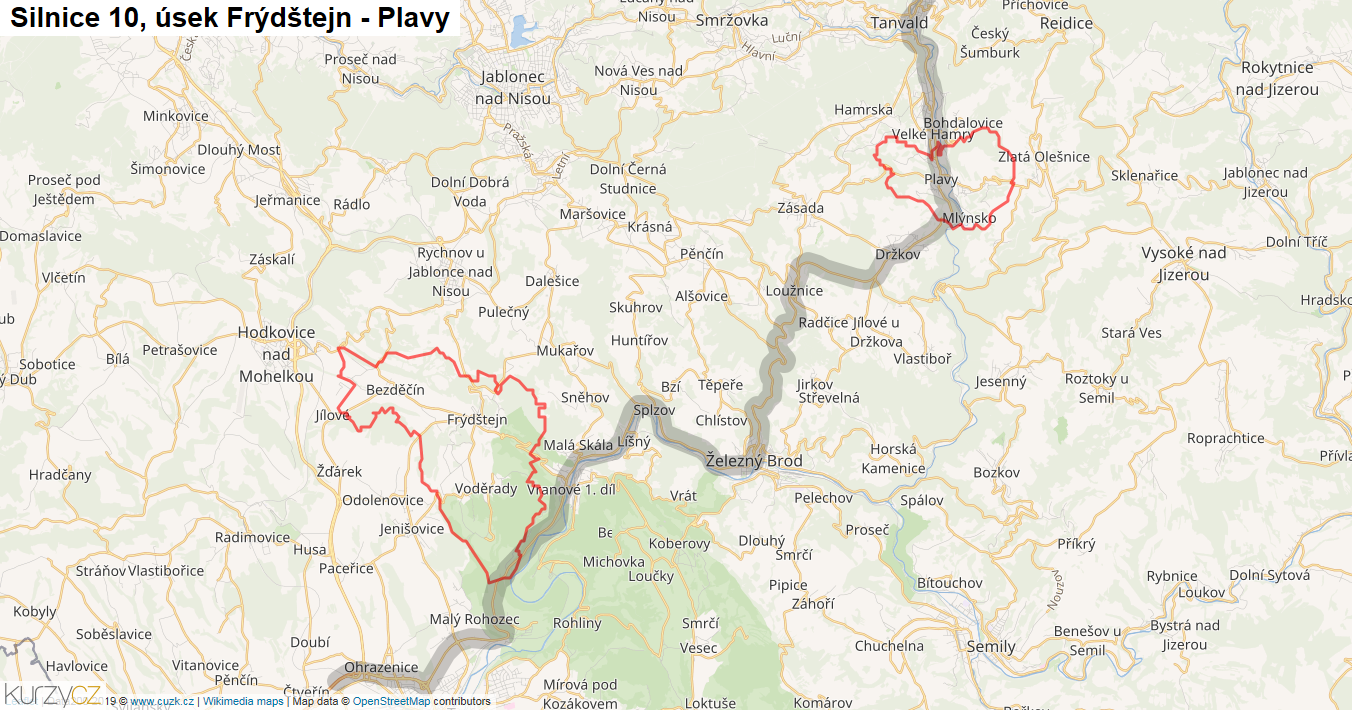 Úsek Frýdštejn - Plavy, Silnice 10 - Mapa