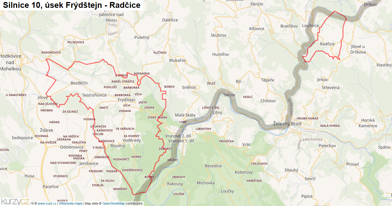 Úsek Frýdštejn - Radčice, Silnice 10 - Mapa