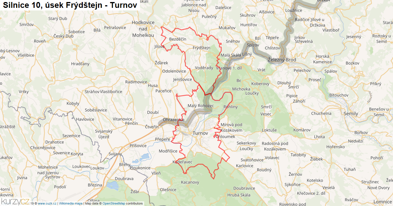 Úsek Frýdštejn - Turnov, Silnice 10 - Mapa