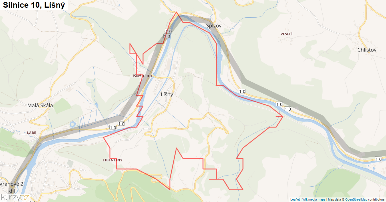 Líšný, Silnice 10 - Mapa