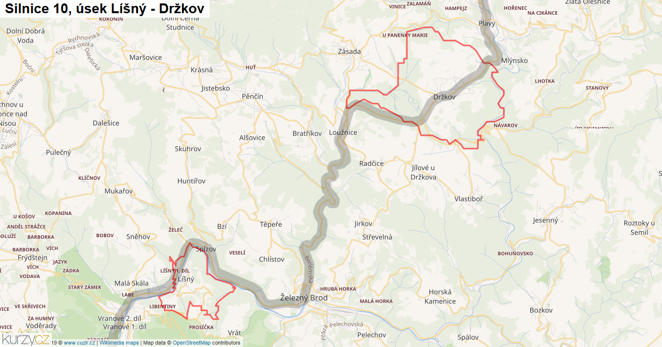Úsek Líšný - Držkov, Silnice 10 - Mapa