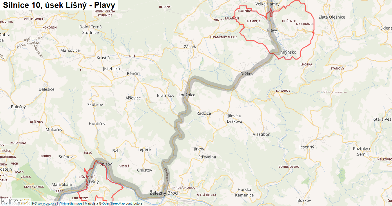 Úsek Líšný - Plavy, Silnice 10 - Mapa