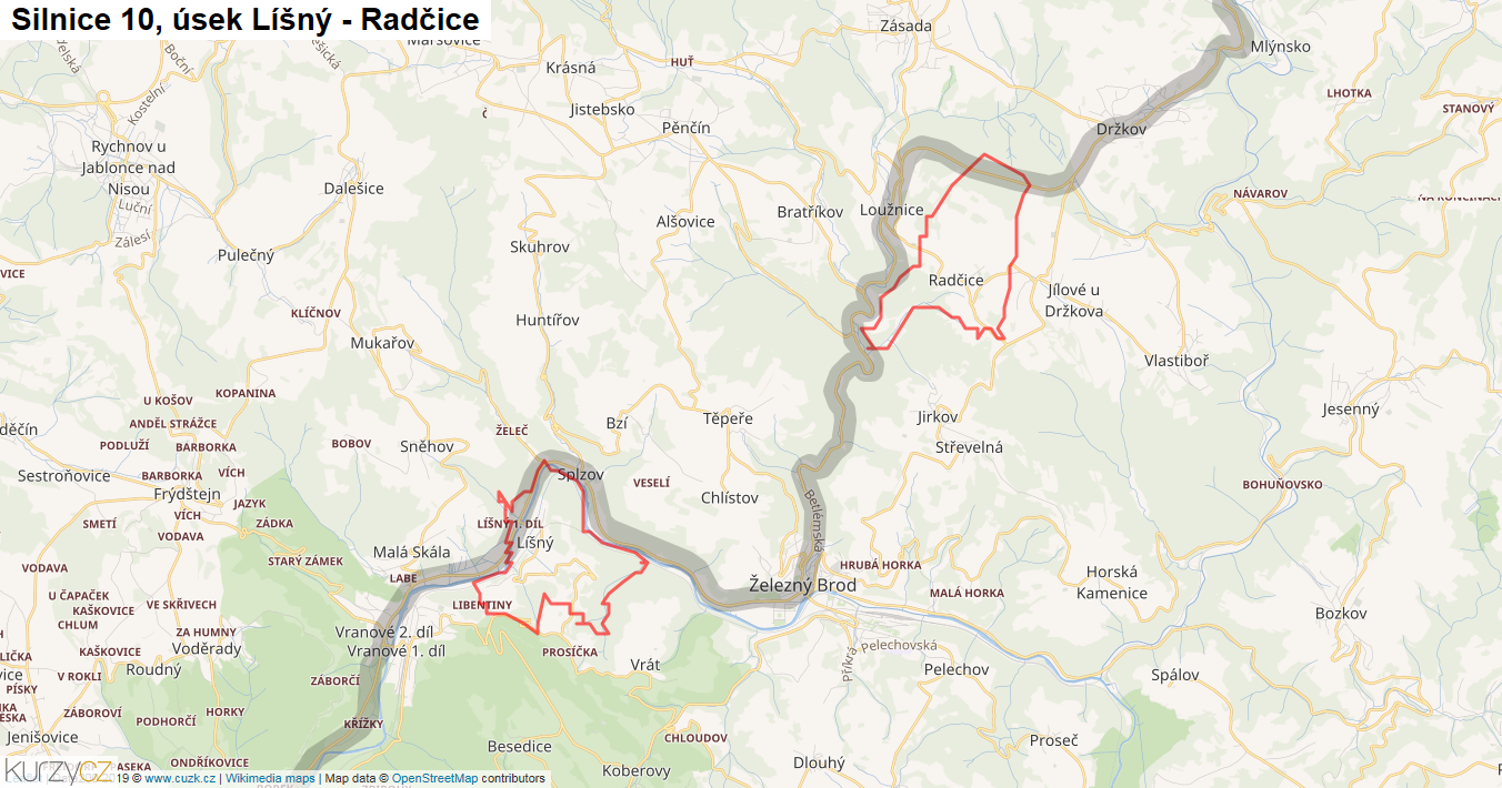 Úsek Líšný - Radčice, Silnice 10 - Mapa