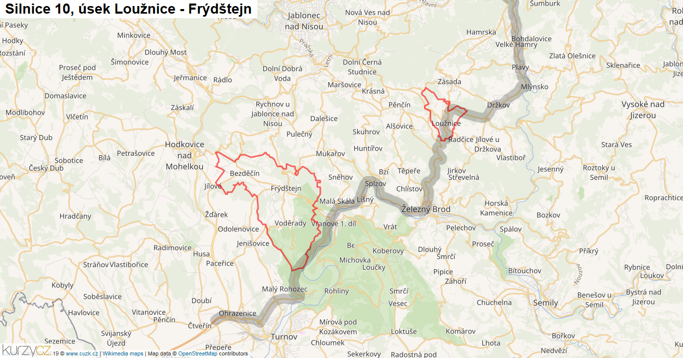 Úsek Loužnice - Frýdštejn, Silnice 10 - Mapa