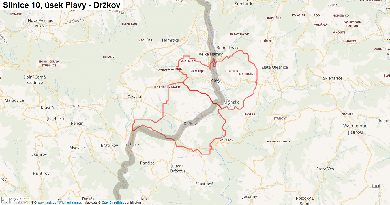 Úsek Plavy - Držkov, Silnice 10 - Mapa