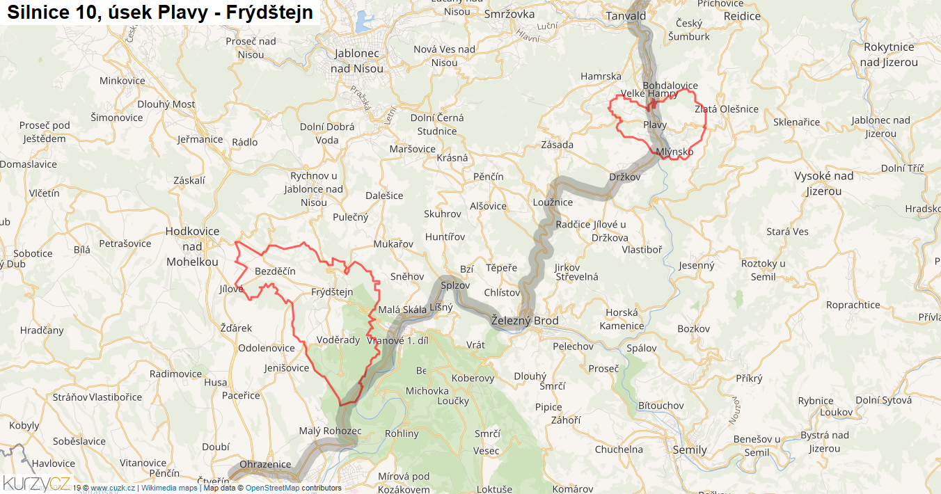 Úsek Plavy - Frýdštejn, Silnice 10 - Mapa