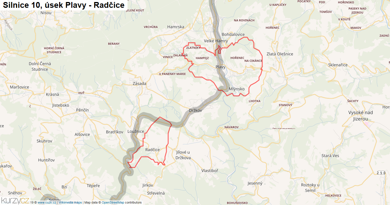 Úsek Plavy - Radčice, Silnice 10 - Mapa