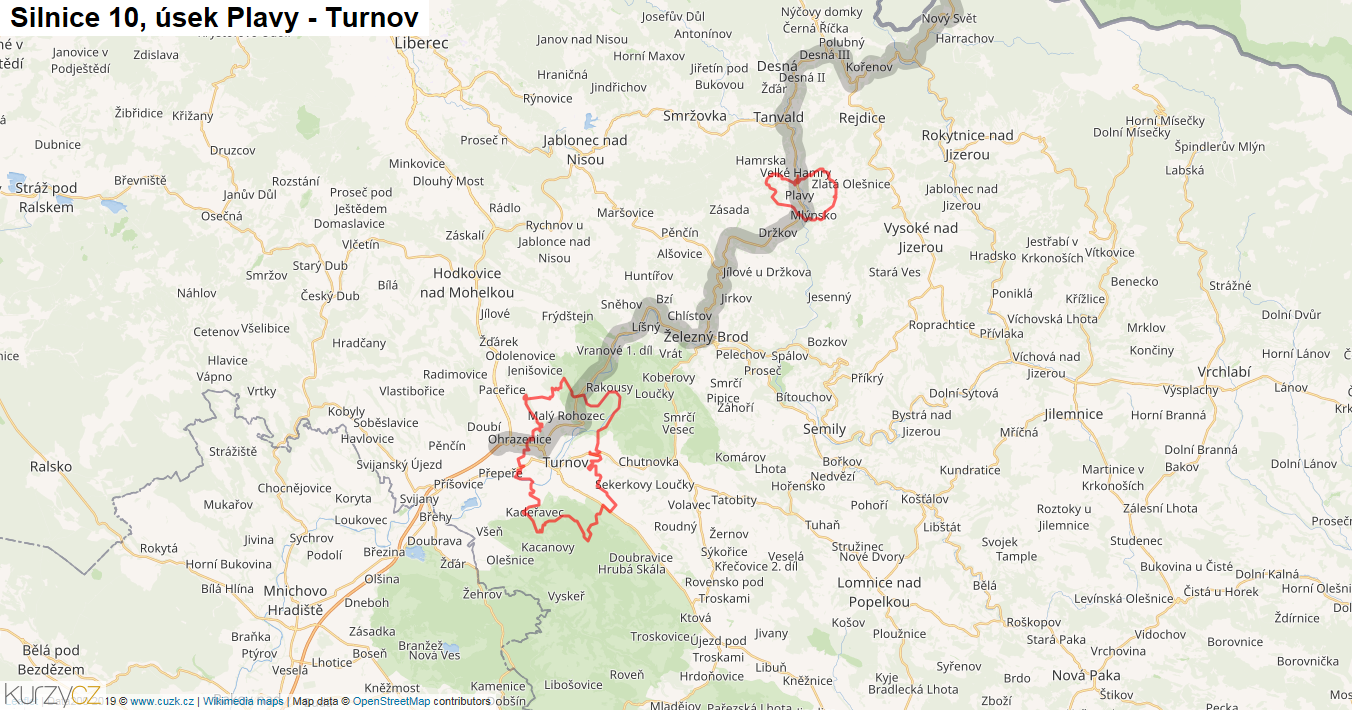 Úsek Plavy - Turnov, Silnice 10 - Mapa