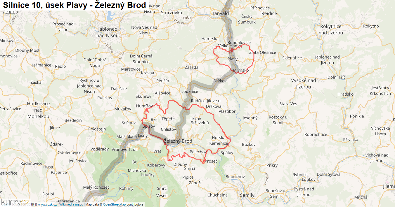 Úsek Plavy - Železný Brod, Silnice 10 - Mapa