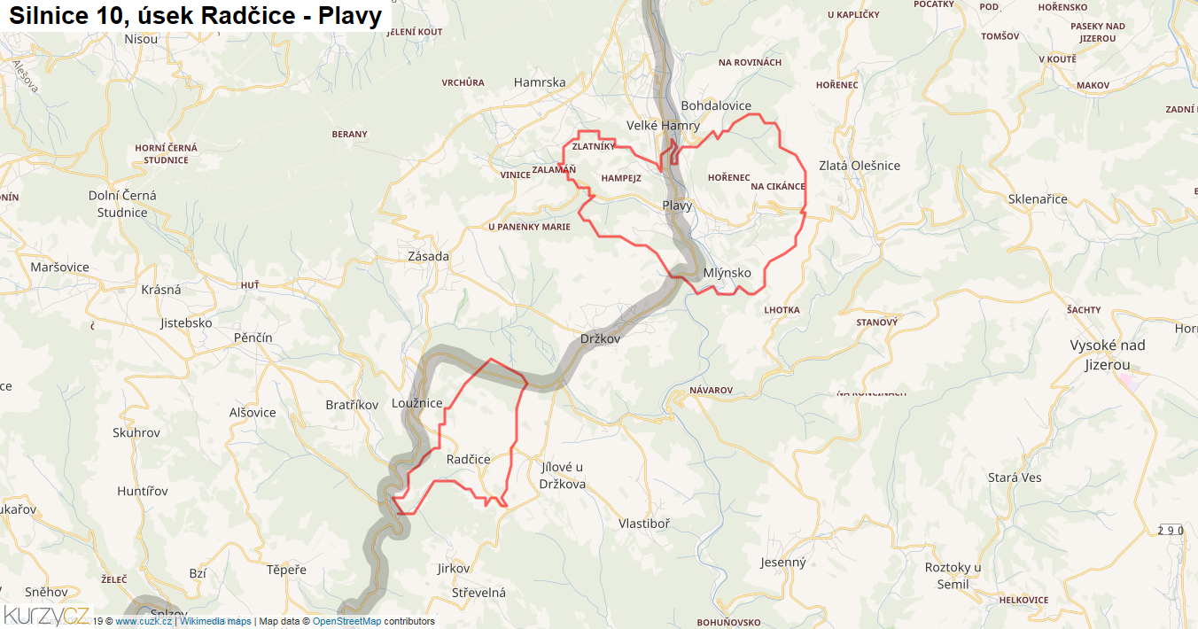 Úsek Radčice - Plavy, Silnice 10 - Mapa