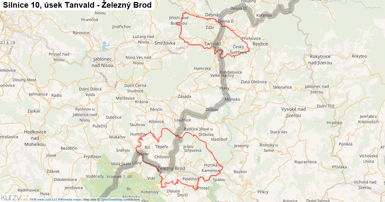 Úsek Tanvald - Železný Brod, Silnice 10 - Mapa