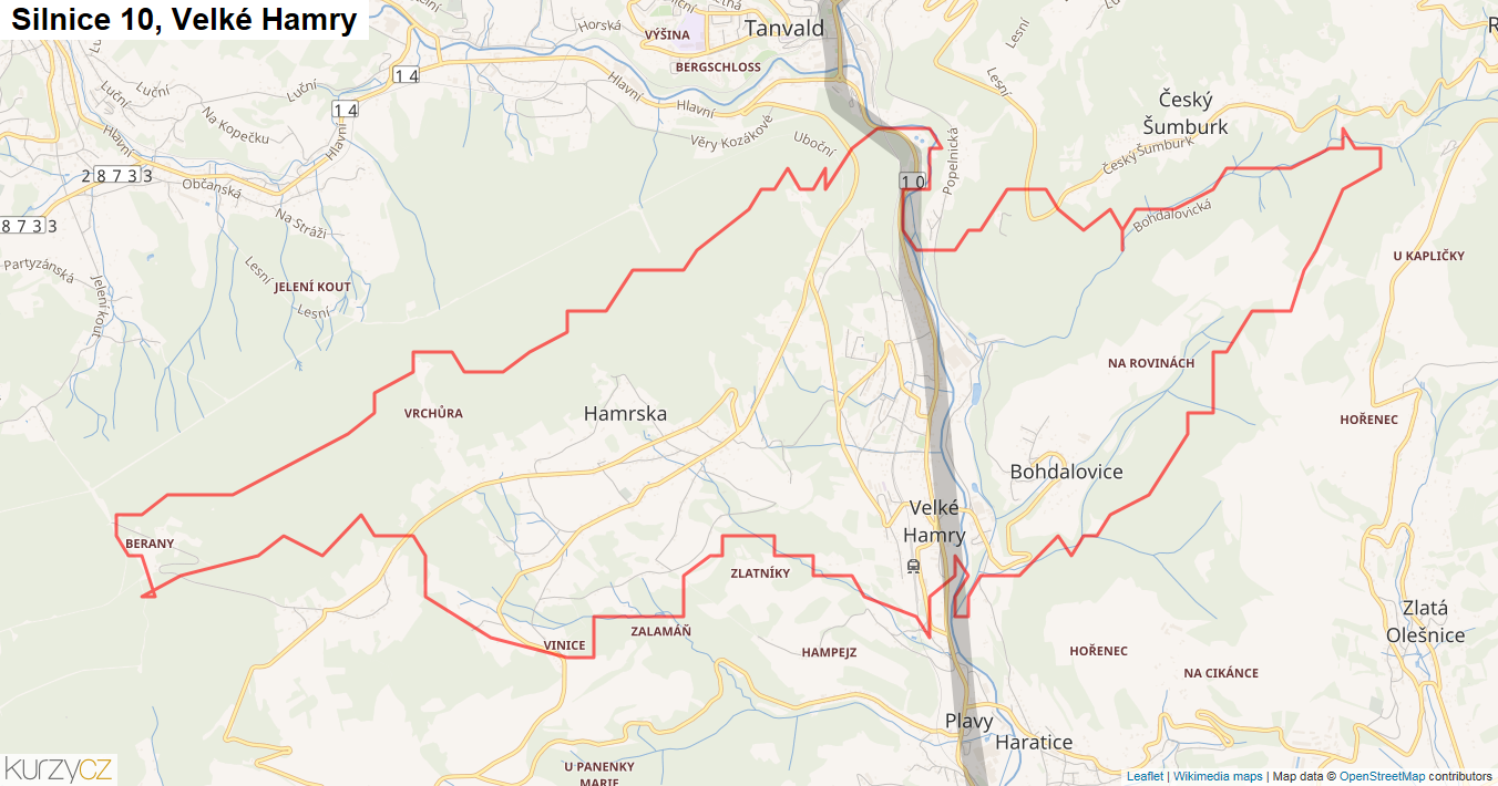 Velké Hamry, Silnice 10 - Mapa