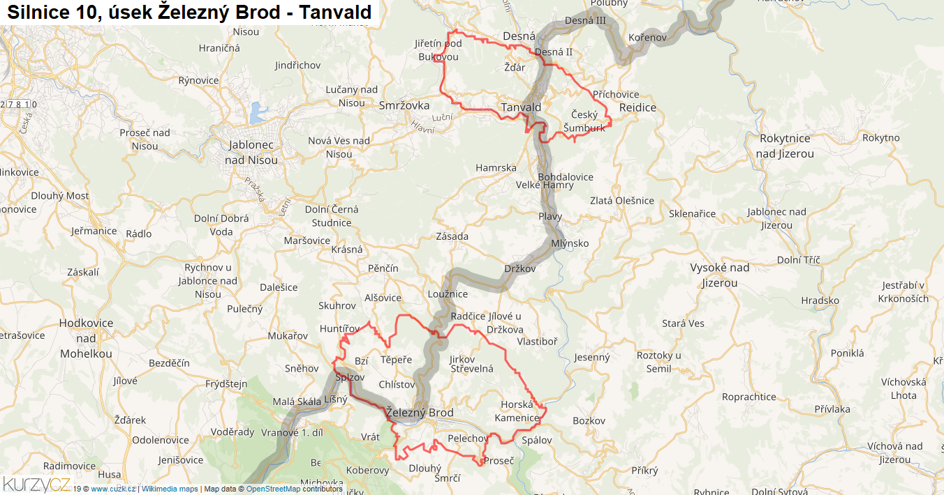 Úsek Železný Brod - Tanvald, Silnice 10 - Mapa
