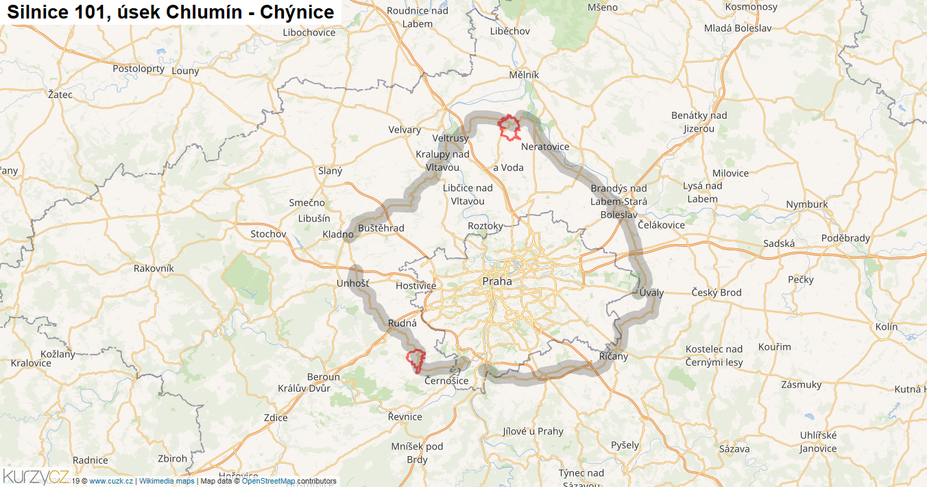 Úsek Chlumín - Chýnice, Silnice 101 - Mapa
