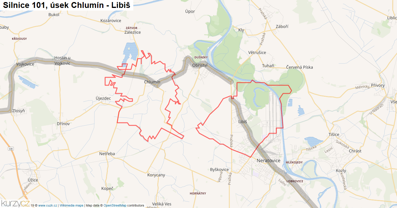 Úsek Chlumín - Libiš, Silnice 101 - Mapa