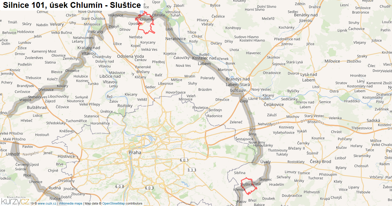 Úsek Chlumín - Sluštice, Silnice 101 - Mapa