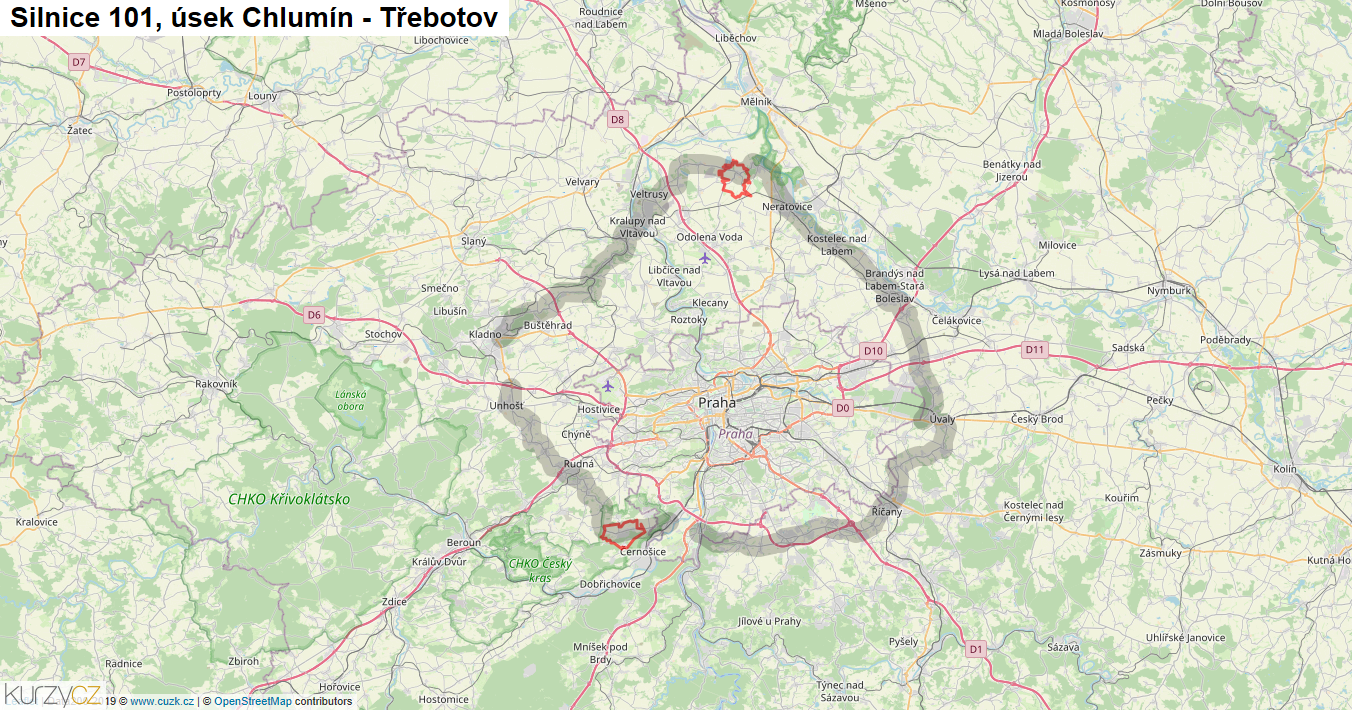 Úsek Chlumín - Třebotov, Silnice 101 - Mapa