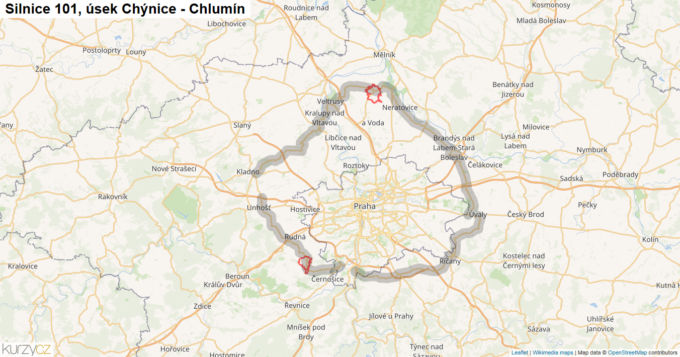 Úsek Chýnice - Chlumín, Silnice 101 - Mapa