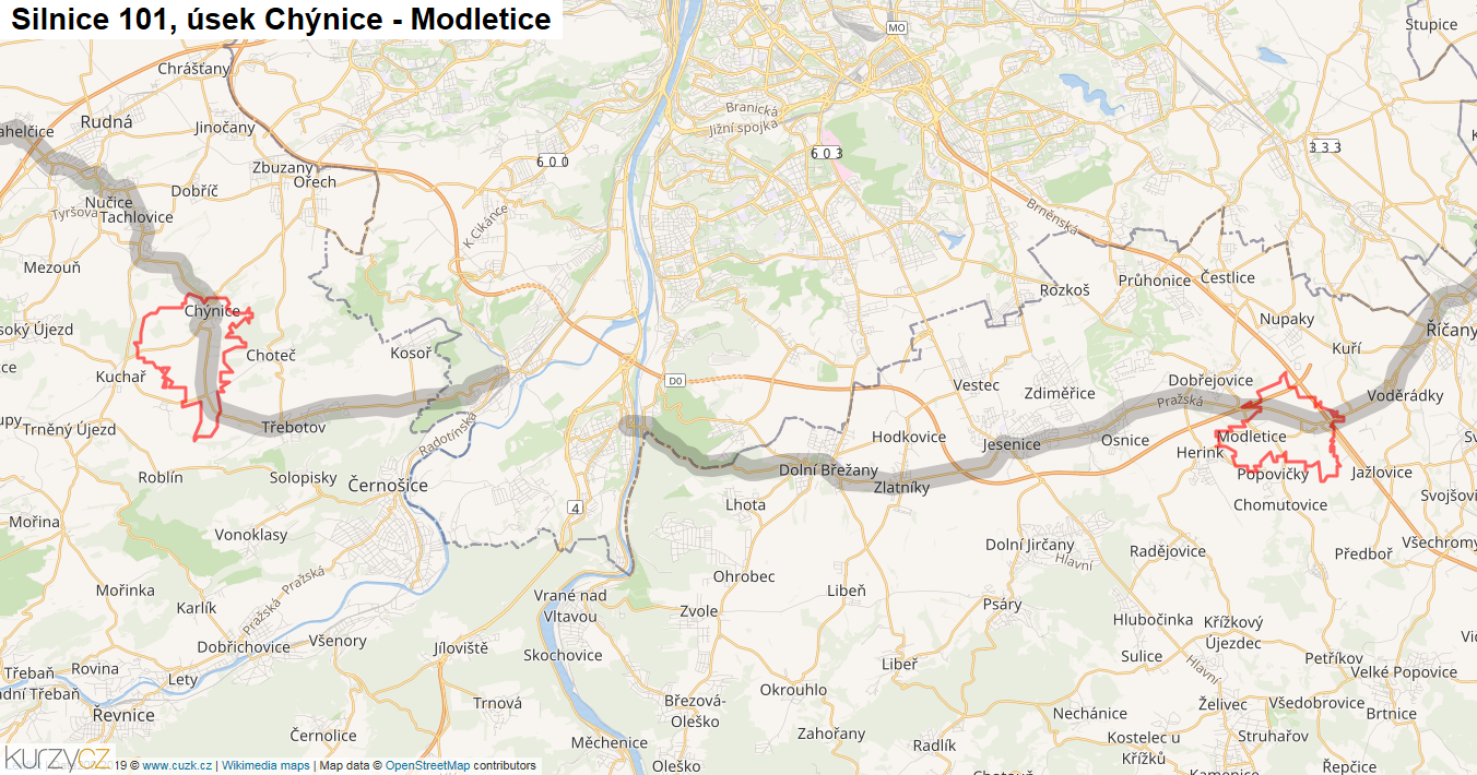 Úsek Chýnice - Modletice, Silnice 101 - Mapa