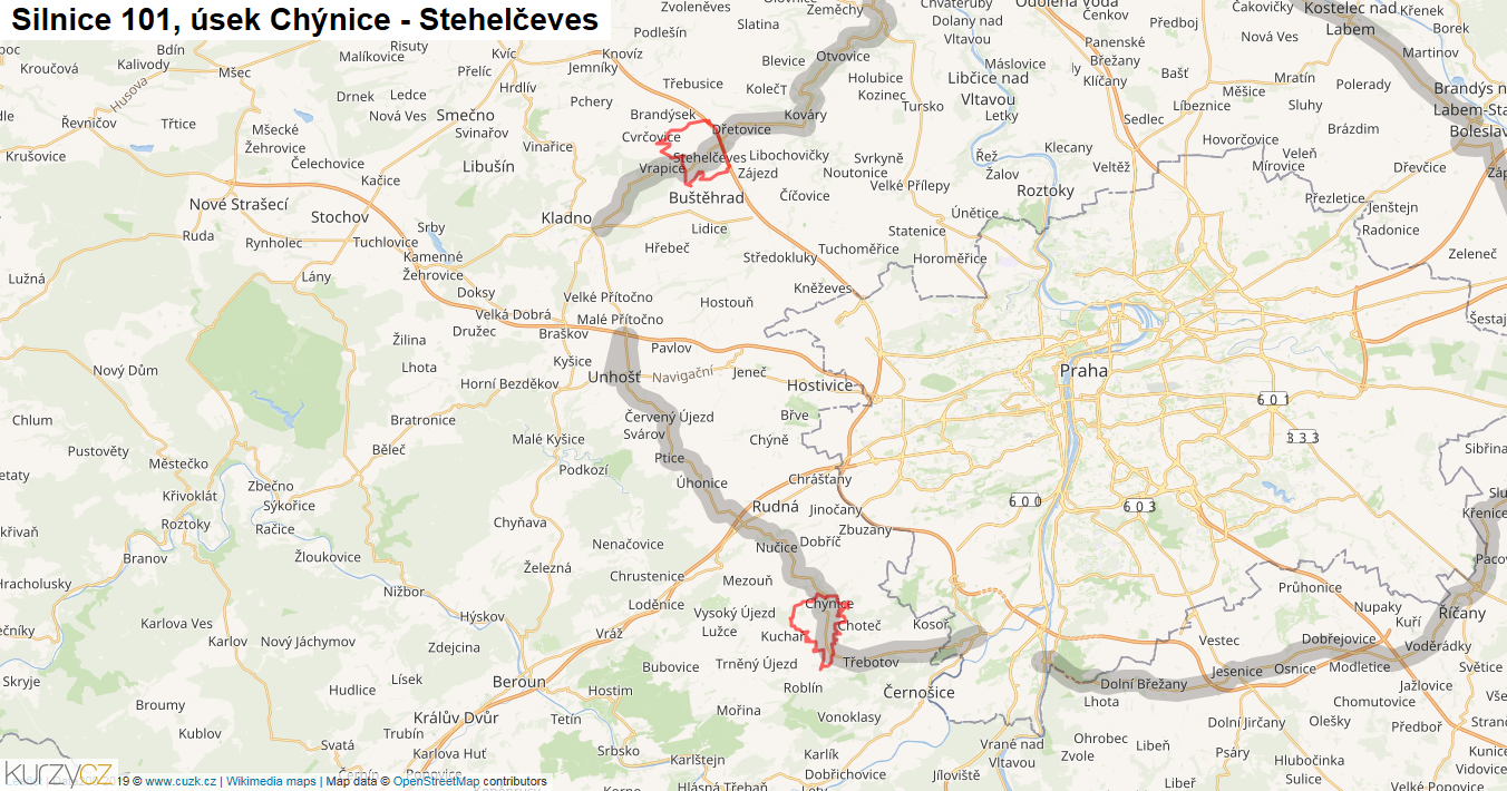 Úsek Chýnice - Stehelčeves, Silnice 101 - Mapa
