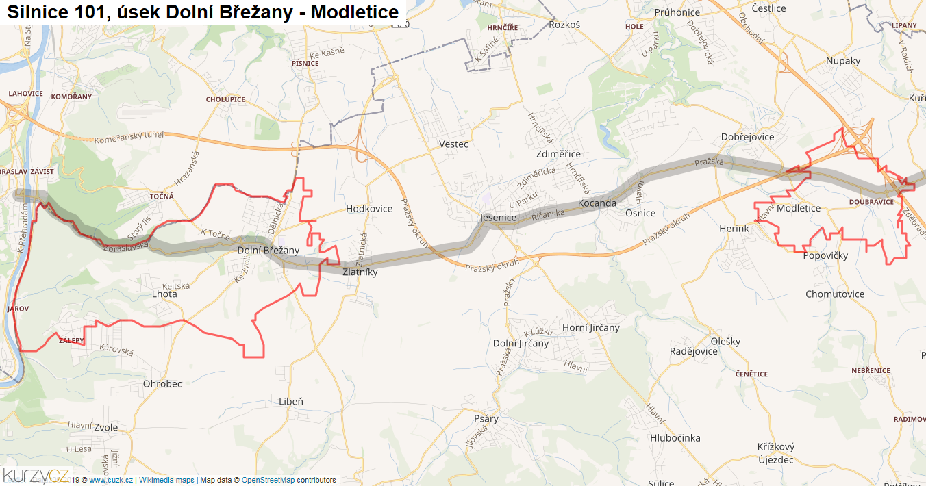 Úsek Dolní Břežany - Modletice, Silnice 101 - Mapa