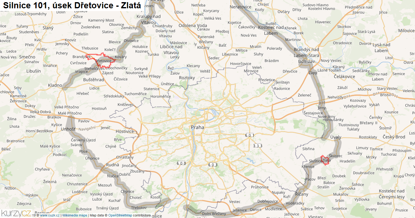 Úsek Dřetovice - Zlatá, Silnice 101 - Mapa
