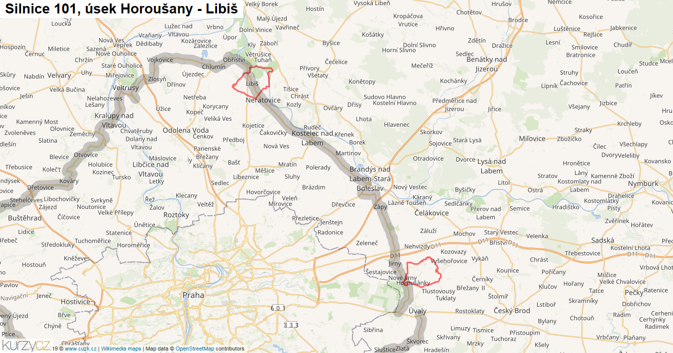 Úsek Horoušany - Libiš, Silnice 101 - Mapa