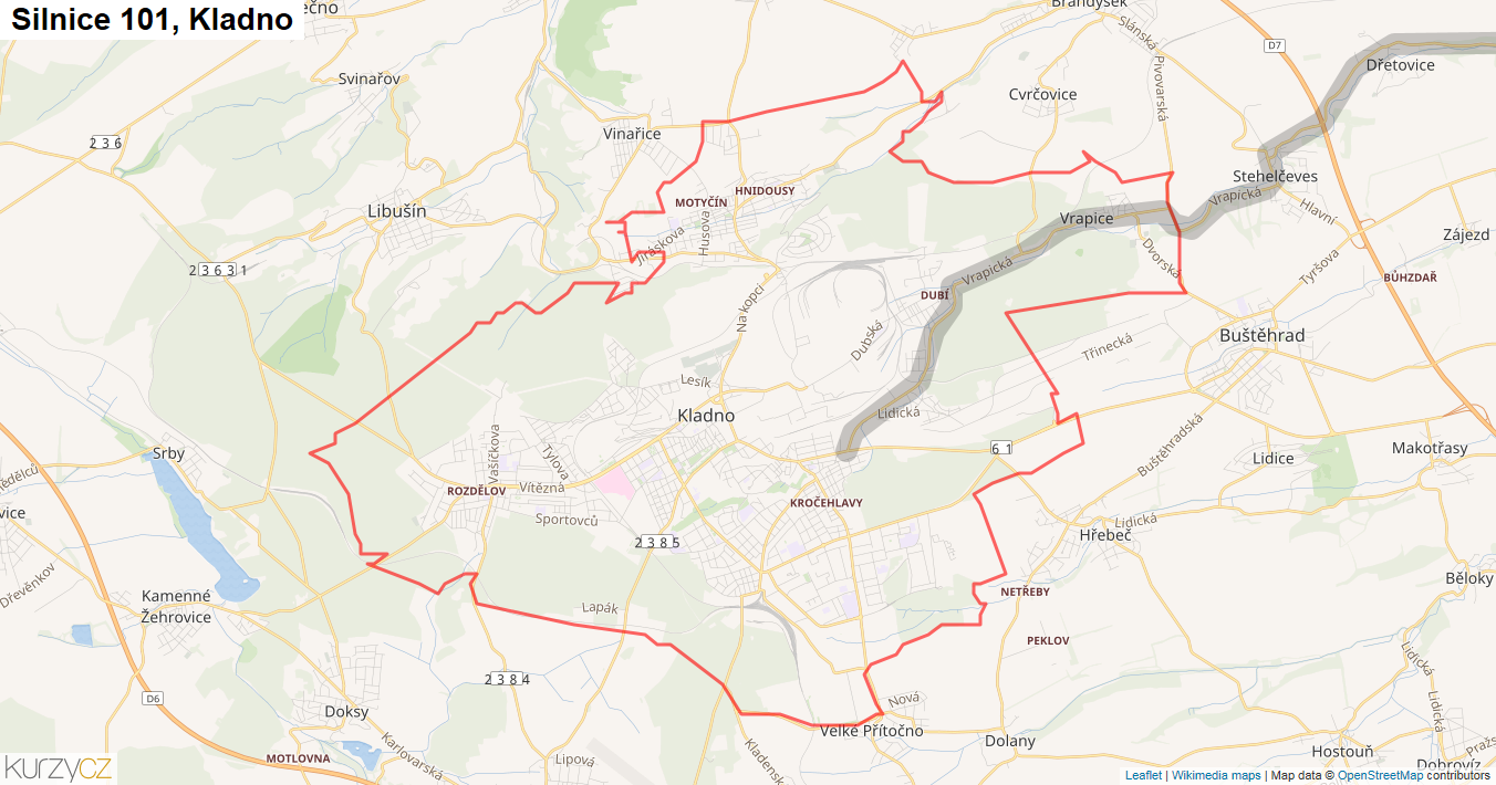 Kladno, Silnice 101 - Mapa