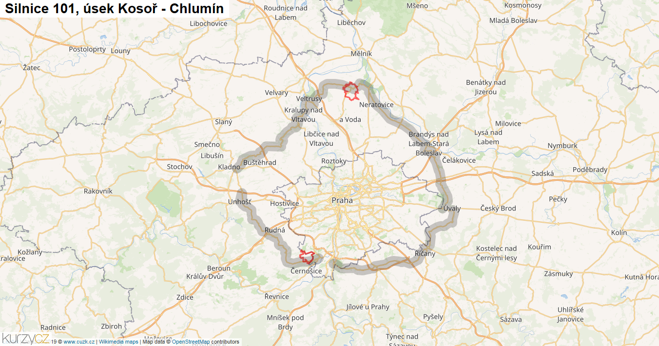 Úsek Kosoř - Chlumín, Silnice 101 - Mapa
