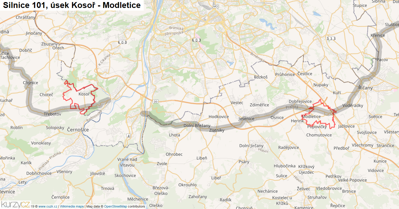 Úsek Kosoř - Modletice, Silnice 101 - Mapa
