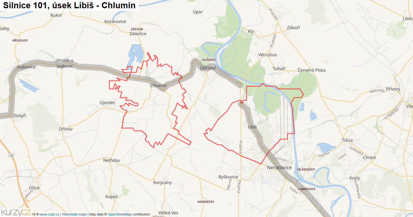 Úsek Libiš - Chlumín, Silnice 101 - Mapa