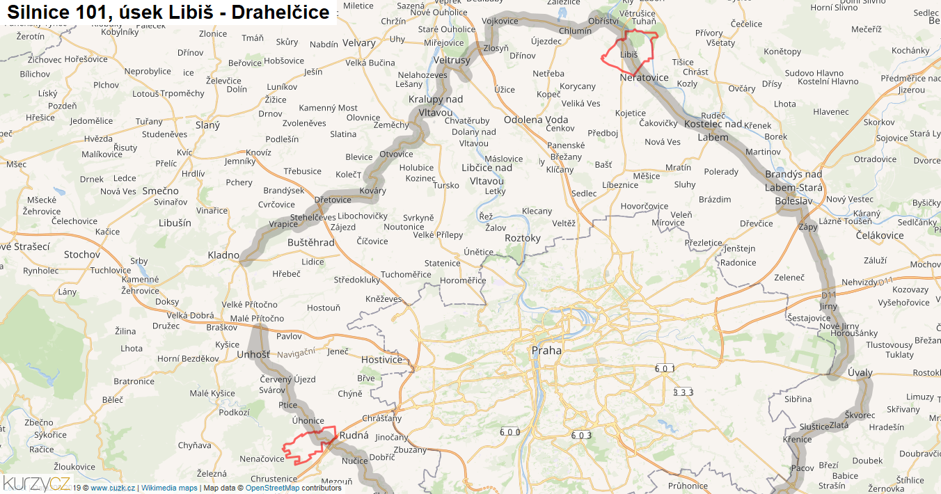 Úsek Libiš - Drahelčice, Silnice 101 - Mapa