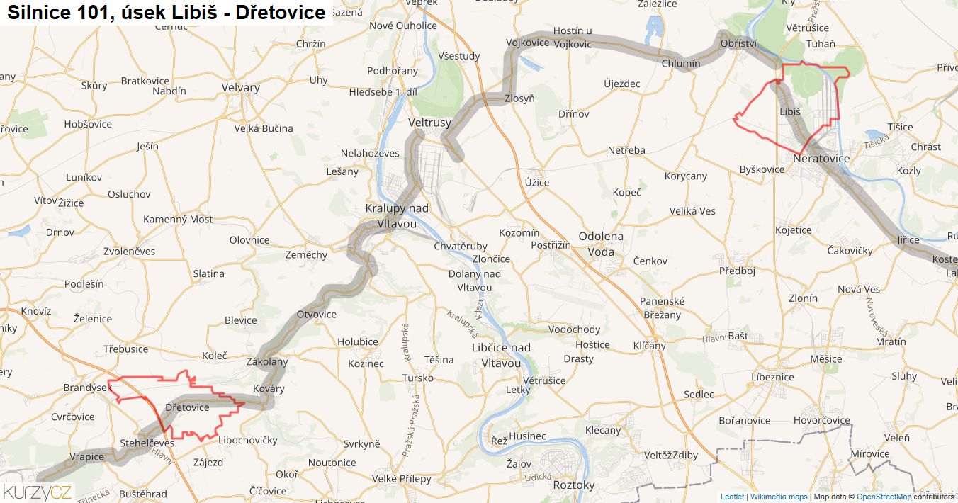 Úsek Libiš - Dřetovice, Silnice 101 - Mapa
