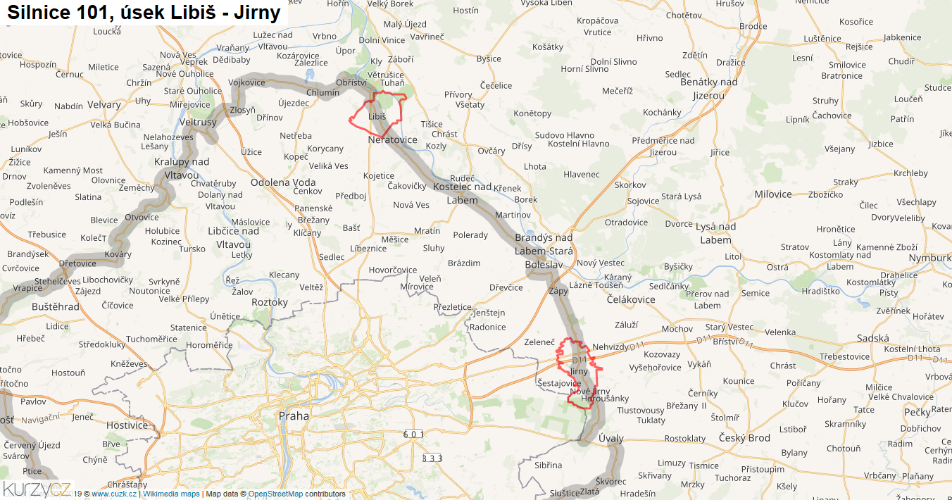 Úsek Libiš - Jirny, Silnice 101 - Mapa