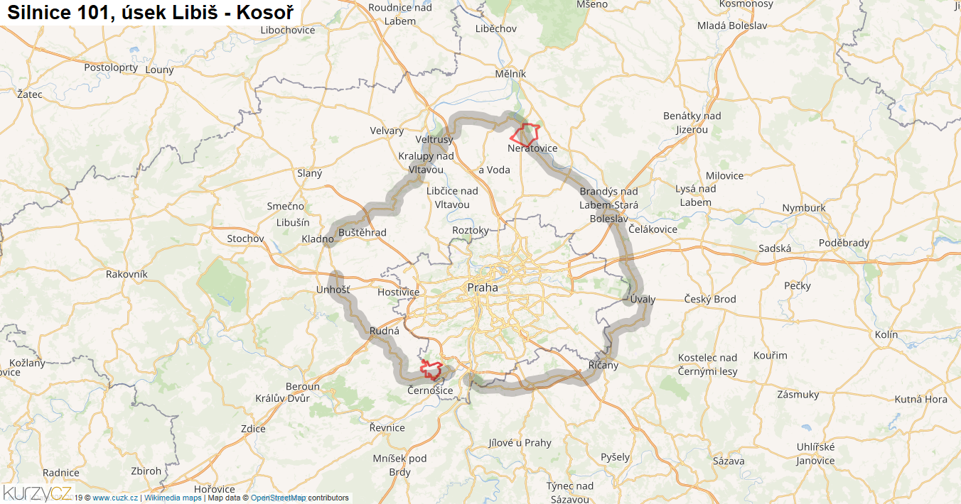 Úsek Libiš - Kosoř, Silnice 101 - Mapa