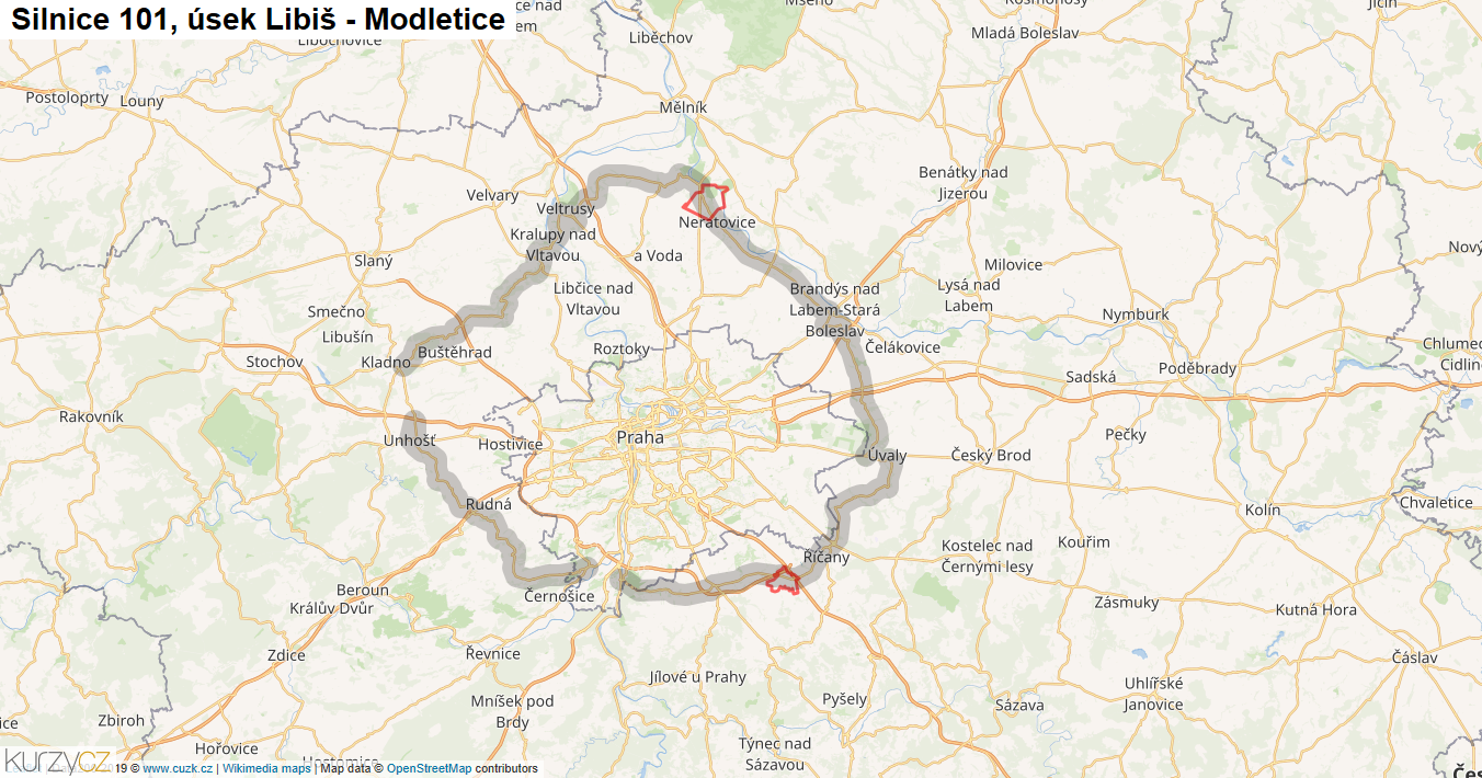 Úsek Libiš - Modletice, Silnice 101 - Mapa