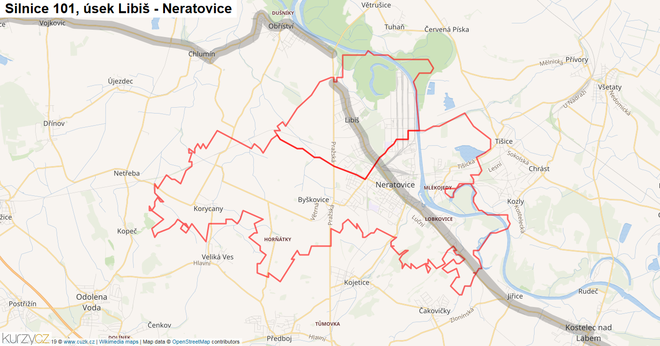 Úsek Libiš - Neratovice, Silnice 101 - Mapa