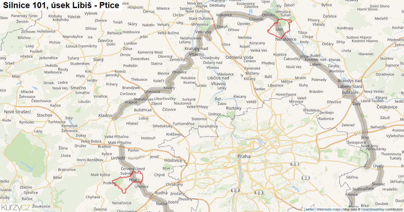 Úsek Libiš - Ptice, Silnice 101 - Mapa