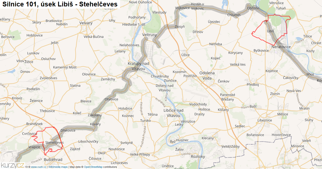 Úsek Libiš - Stehelčeves, Silnice 101 - Mapa
