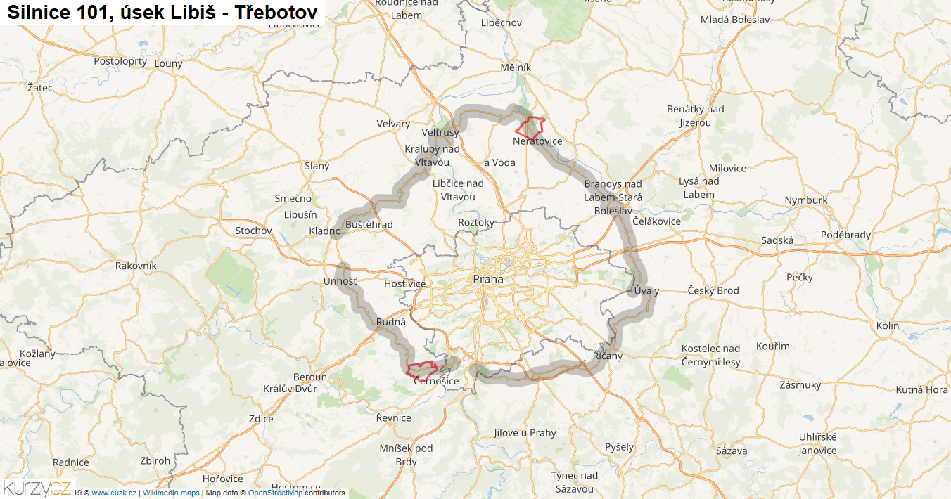 Úsek Libiš - Třebotov, Silnice 101 - Mapa