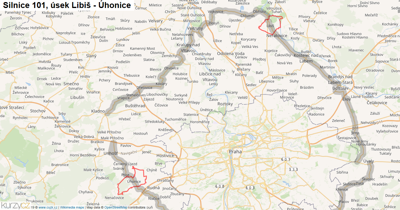 Úsek Libiš - Úhonice, Silnice 101 - Mapa