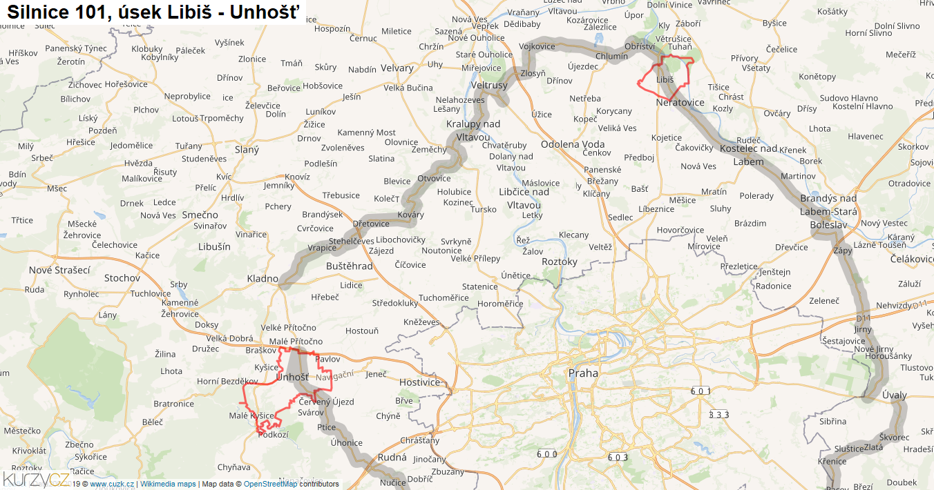 Úsek Libiš - Unhošť, Silnice 101 - Mapa