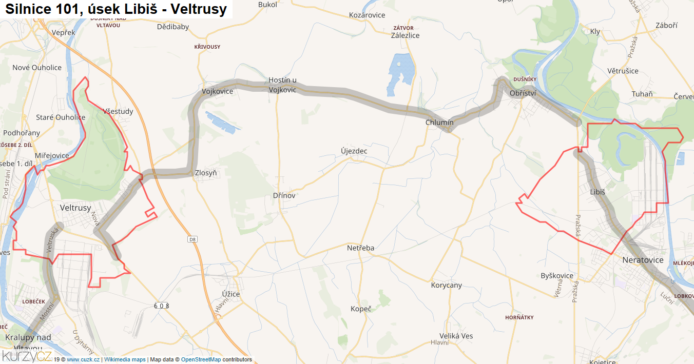 Úsek Libiš - Veltrusy, Silnice 101 - Mapa