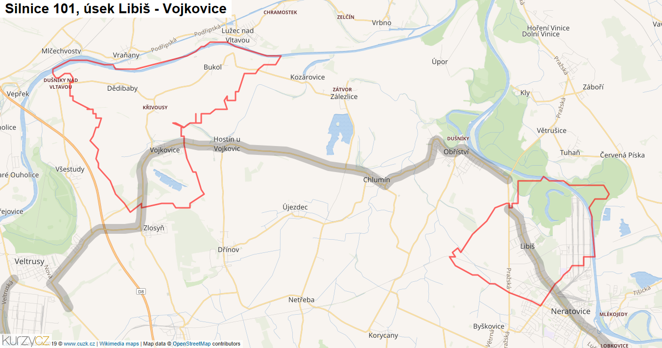 Úsek Libiš - Vojkovice, Silnice 101 - Mapa