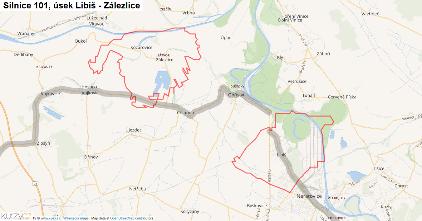 Úsek Libiš - Zálezlice, Silnice 101 - Mapa