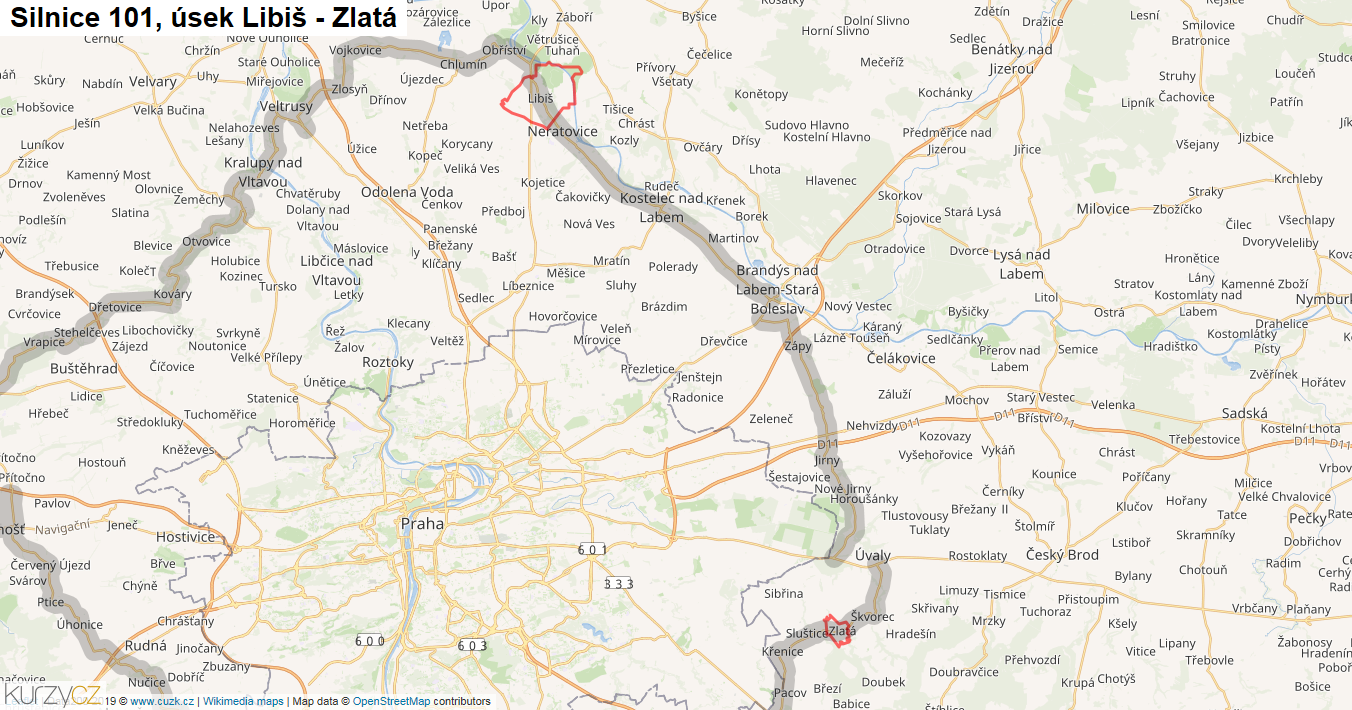 Úsek Libiš - Zlatá, Silnice 101 - Mapa