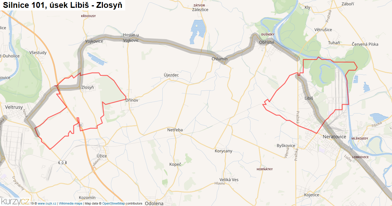 Úsek Libiš - Zlosyň, Silnice 101 - Mapa