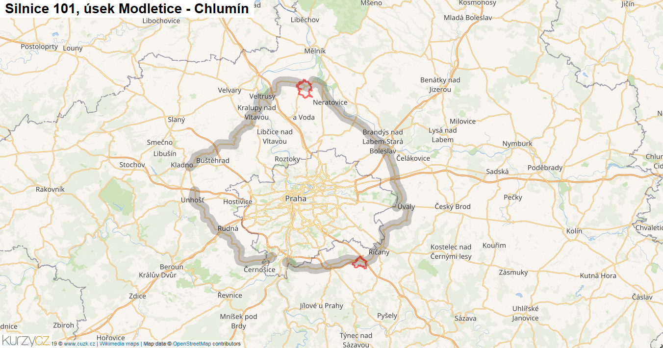 Úsek Modletice - Chlumín, Silnice 101 - Mapa