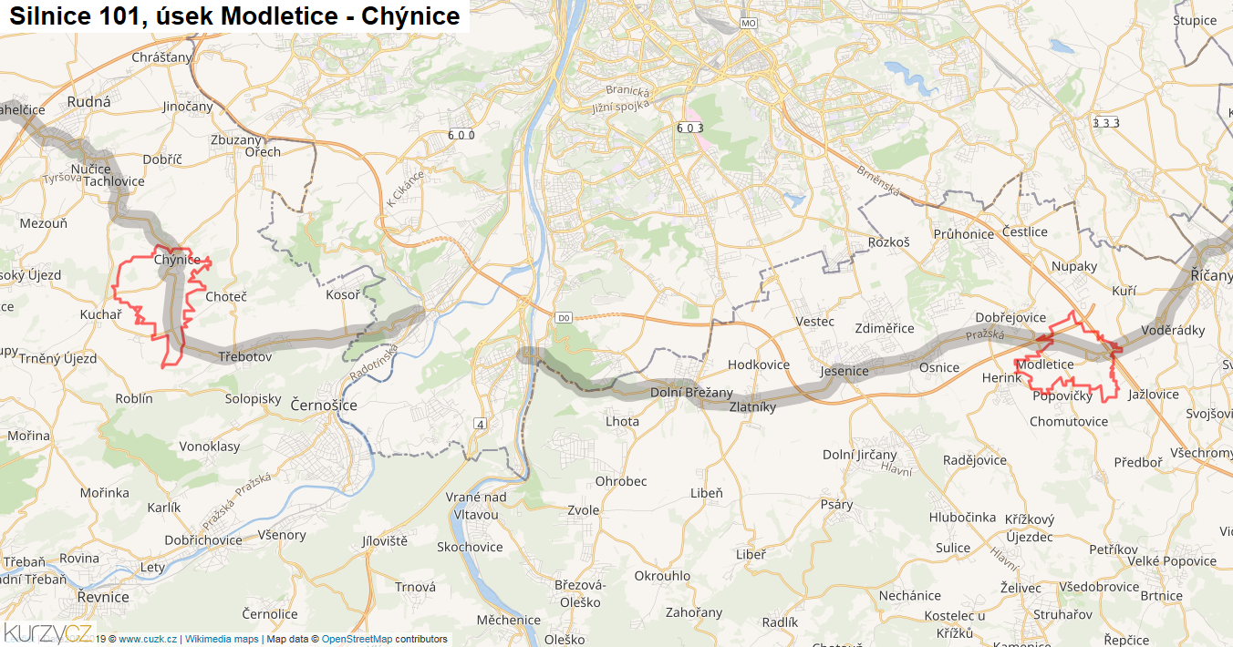 Úsek Modletice - Chýnice, Silnice 101 - Mapa